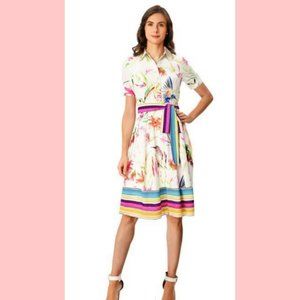 Colorful Floral Bird Print Crepe Shirtdress
